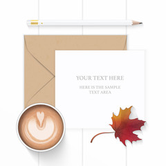 Flat lay top view elegant white composition paper brown kraft envelope pencil coffee and autumn maple leaf scissors on wooden background