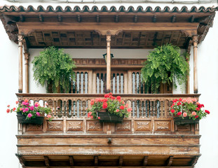 Wooden balcony with flowers in La Orotava on the island of Tenerife