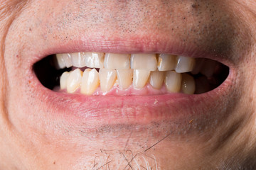 Obraz premium Closeup macro portrait of Man red lip, Human male open close mouth. Body Part of shaved Mustache 40s age