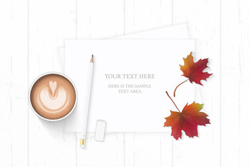 Obraz premium Flat lay top view elegant white composition paper pencil eraser autumn maple leaf and coffee on wooden background