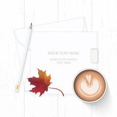 Flat lay top view elegant white composition letter paper envelope pencil eraser tag autumn maple leaf and coffee on wooden background