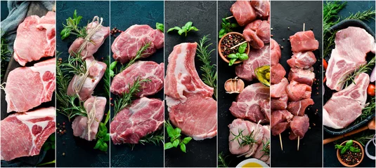Fotobehang Photo collage Raw meat and steak. Top view. © Yaruniv-Studio