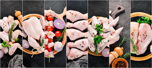 Photo collage Raw chicken and chicken meat. Top view.