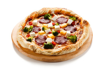 Pizza with salmi and feta cheese and vegetables on white background