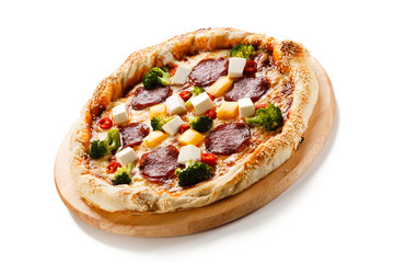 Pizza with salmi and feta cheese and vegetables on white background