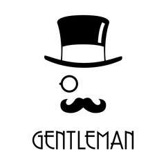 Logotipo con texto GENTLEMAN con chistera monóculo y bigote en color negro
