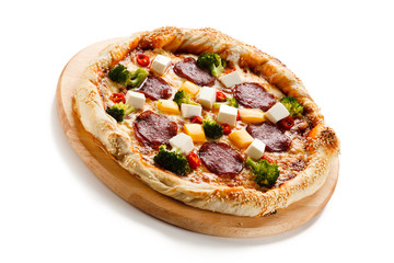 Pizza with salmi and feta cheese and vegetables on white background