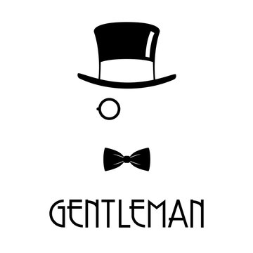 Logotipo con texto GENTLEMAN con chistera mon&oacute;culo y corbata de lazo en color negro
