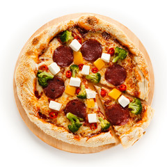 Pizza with salmi and feta cheese and vegetables on white background