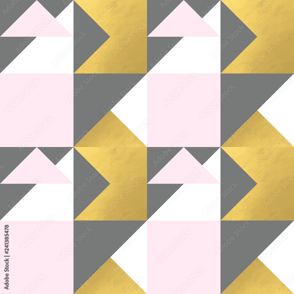 Aufkleber Festive triangle and square geometric shapes background. Abstract mosaic vector seamless pattern in pastel and golden colors. Christmas , new year, carnival, party, celebration wrapping paper concept.