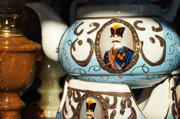Close-up of Persian Porcelain Teapot (Iranian Traditional Samovar). Handmade porcelain tea pot with...