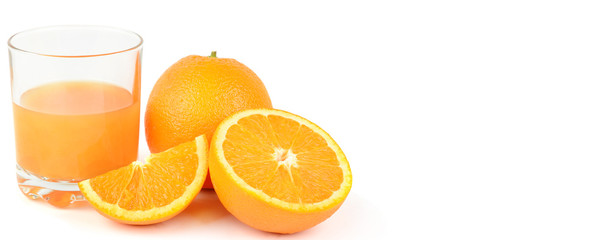 Fresh orange juice with fruits, isolated on white background. Wide photo. Free space for text.