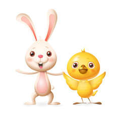 Happy friends celebrate Spring or Easter - Bunny and Chicken playing and singing