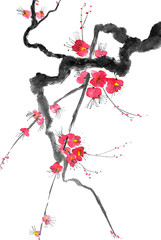 Naklejka na ściany i meble A branch of a blossoming tree. Pink and red stylized flowers of plum mei, wild apricots and sakura . Watercolor and ink illustration in style sumi-e, u-sin. Oriental traditional painting.