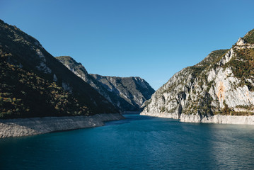 Naklejka na ściany i meble ridge of hills, Piva Canyon, Montenegro, Artifical lake in PIva river. Durmitor National Park. Balkans, Europe.