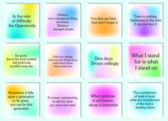 Set of 12 vector Motivation Inspiration Quotes about love. Ready to post in social media, brochure, magazine. 