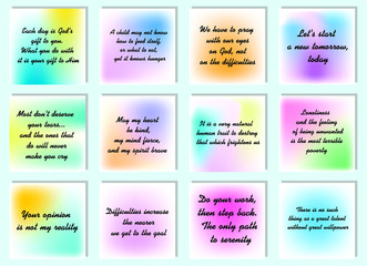 Set of 12 vector Motivation Inspiration Quotes about love. Ready to post in social media, brochure, magazine. 