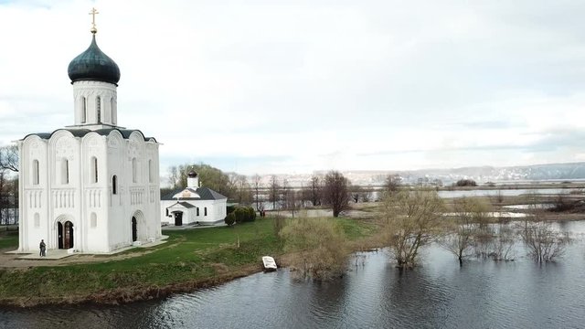 Church of the Intercession on the Nerl. Vladimir region, Russia. Aerial view spring landscape