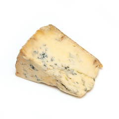 Mature blue stilton cheese isolated on a white studio background.