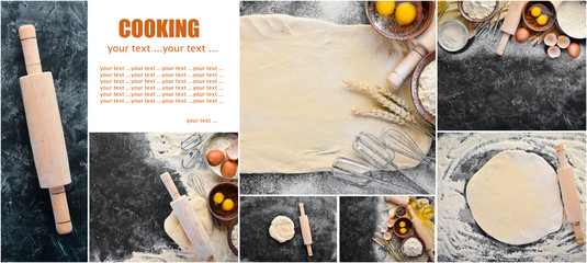 Photo collage cooking baking. rolling pin, flour, egg, dough. Top view. Free copy space.