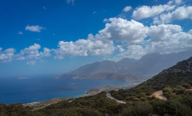 Fototapeta na wymiar Agios Nikolaos, Crete - 09 29 2018: Moni Faneromenis Monastery. View of Mirabello Bay