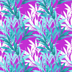 Green floral seamless pattern with green leaves watercolor. Spring background on purple.