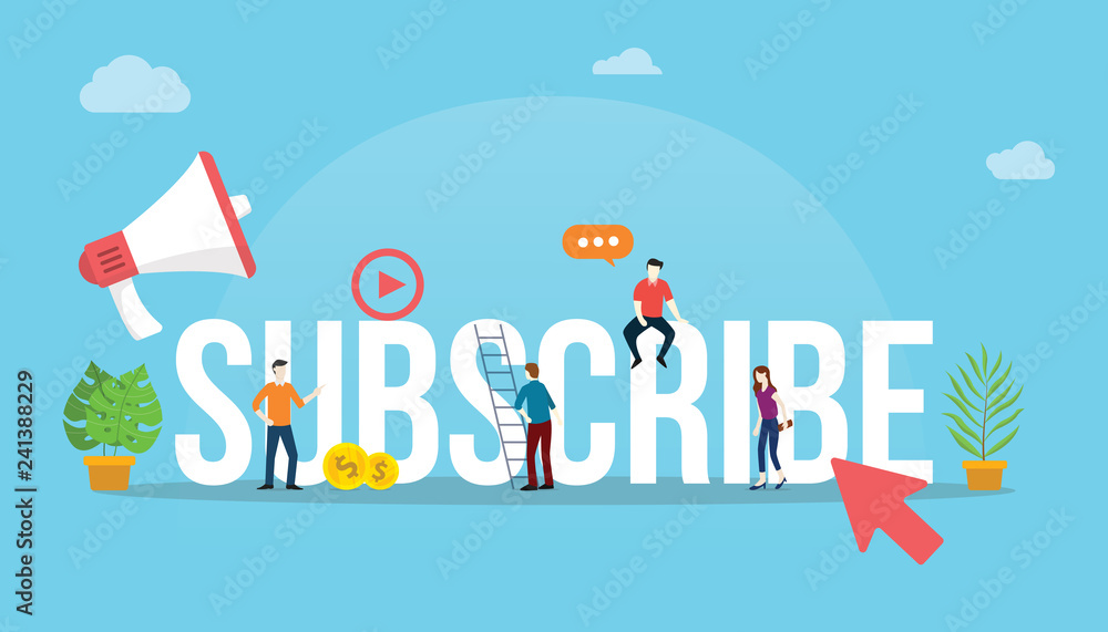 Poster subscribe channel social media video concept with arrow click button and people working together as 