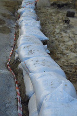 repairs.The wall of sandbags. sandbags wall, protection, flood