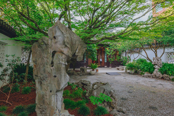 Rock and architecture among trees in Lan Su Chinese Garden, in downtown Portland, USA