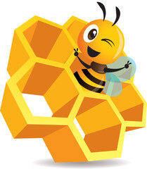 Cartoon cute bee stay inside the honey cell. 3D honey cells. Honeycomb vector illustration isolated