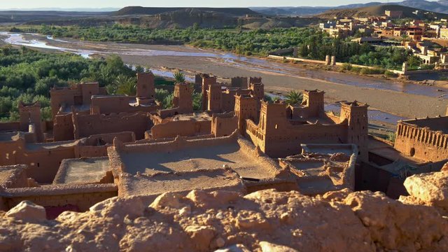 Clay houses of Ait Ben Haddou, Morocco near Ouarzazate in the Atlas Mountains. Ait Ben Haddou is a fortified village (ksar) along the former caravan route between the Sahara and Marrakech. UHD