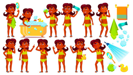 Fototapeta premium Indian Girl Kid Poses Set Vector. Hindu. Child Take A Shower. Cheer, Pretty, Youth. Undressed. Pool, Beach. For Advertisement, Greeting, Announcement Design. Isolated Cartoon Illustration