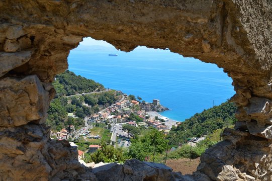 Landscape of the Amalfi coast, seen from a hole in the rock
