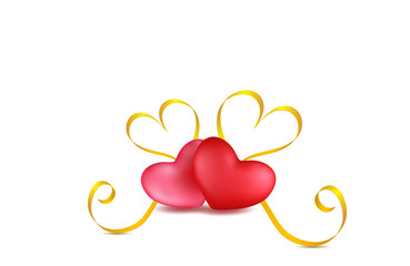 Happy Valentines day with two red, pink hearts and golden ribbons isolated on white background