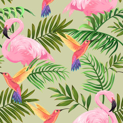 tropical pattern with flamingos, hummingbirds and palm leaves