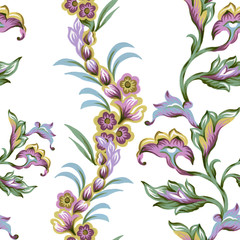 Seamless pattern with abstract fantasy flowers and leaves Paisley or Damask jacobean style Watercolor Gouache