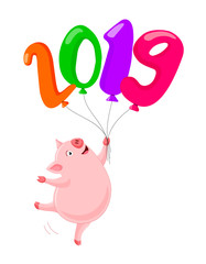 Cartoon pig character holding number balloons. New Year celebration concept.  illustration isolated on white background.