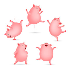 Set of funny pig dancing. Cute cartoon character design. Vector illustration isolated on white background.