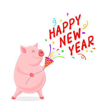 Cute cartoon pig character with papershoot happy new year.   New Year celebration concept.  illustration isolated on white background.