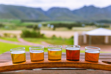 Beer tasting glasses on a wooden tray outside the brewery with a beautiful view of the mountains in South Africa - 241393066