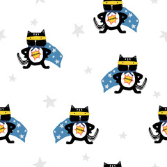 Childish seamless pattern with cute cat superhero. Trendy kids print. Vector hand drawn illustration.