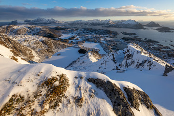 Top view of Nonstinden mountain in Lofoten archipelago in winter season, Norway, Scandinavia