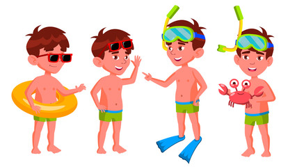 Boy Kindergarten Kid Poses Set Vector. Preschool. Young Positive Person. Undressed. Summer Vacation. Water Park, Pool, Beach. For Banner, Flyer, Brochure Design. Isolated Cartoon Illustration