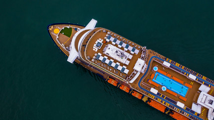 Fototapeta na wymiar Large cruise ship at sea, Passenger cruise ship vessel, sailing across the Gulf of Thailand.