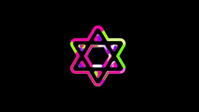 Circles gather in symbol star of david. After it crumbles in a line and moves to the camera. Alpha channel black