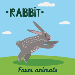 Cute Rabbit farm animal character, farm animals, vector illustration on field background. Cartoon style, isolated