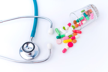 stethoscope and drug pill for doctor and medical nursing people check up healing of patients