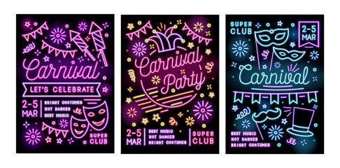 Collection of poster, flyer or invitation templates for masquerade ball, carnival or party with festive masks and decorations drawn with glowing neon lines. Vector illustration in linear style. © Good Studio