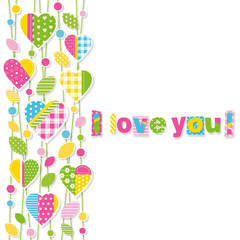 Cute colorful hearts, leaves and dots on branches border, with I love you typography on white background