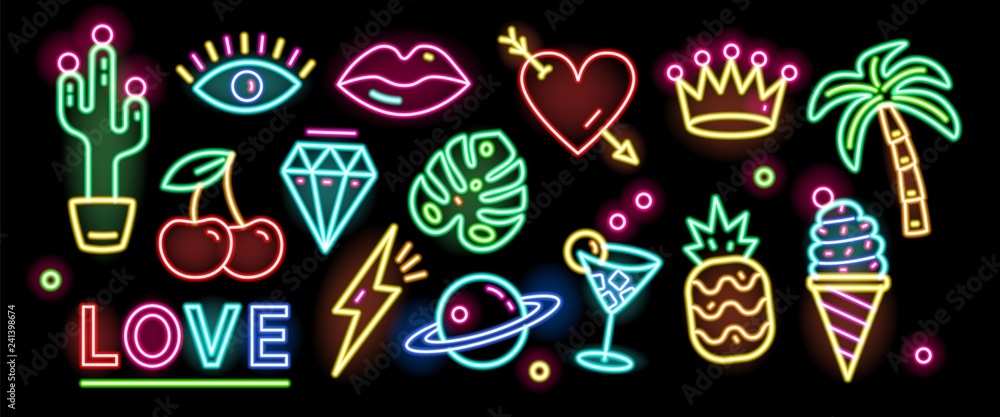 Wall mural bundle of symbols, signs or signboards glowing with colorful neon light isolated on black background - Wall murals